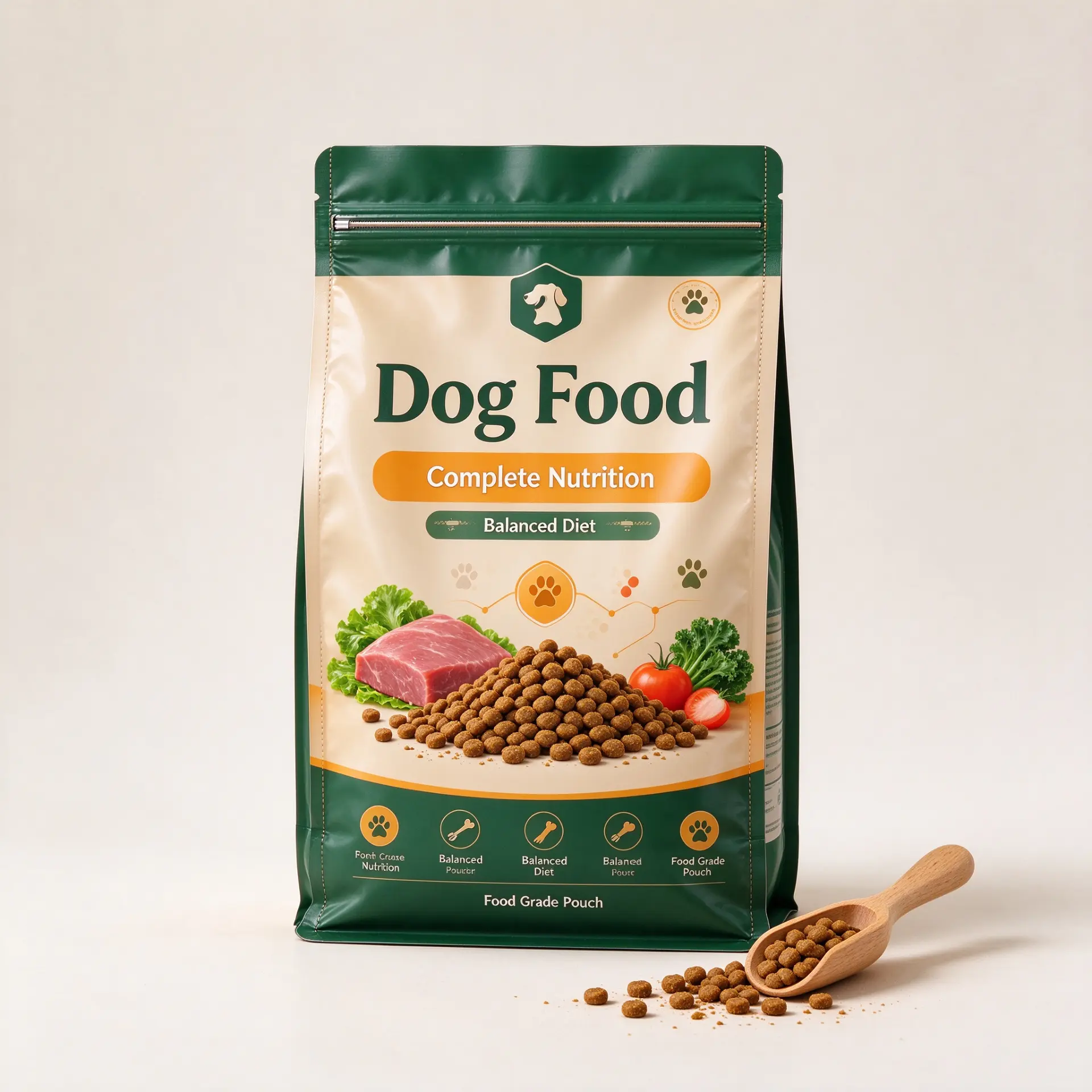 Illustrative concept — green and cream flat-bottom zipper bag for dry dog food. On-pack wording is artwork only, not a product or compliance claim. Not a customer project.