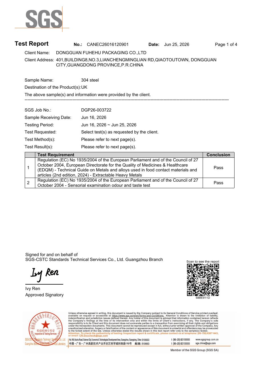 First page of SGS test report CANEC26016120901 for a 304 steel sample, selected EC 1935/2004 and EDQM tests