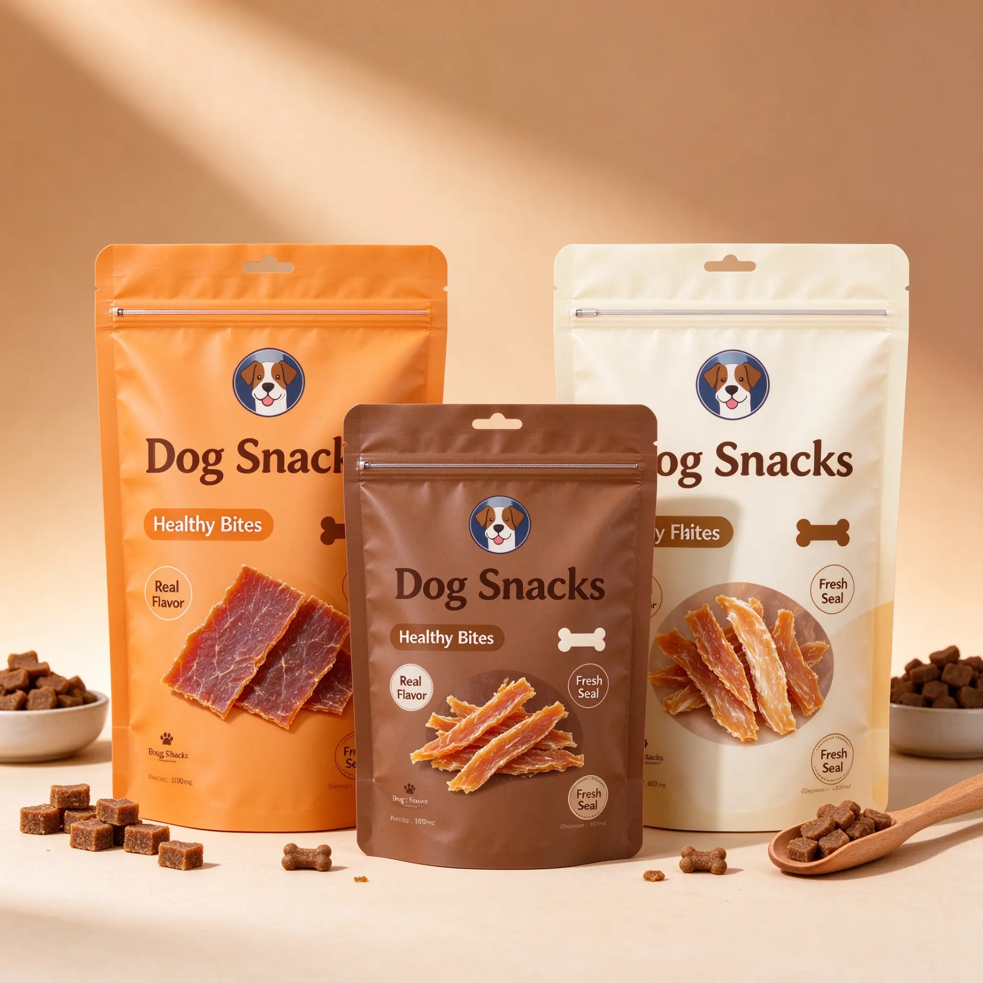 Illustrative concept — three stand-up zipper pouches in orange, brown and cream for dog snacks. On-pack wording is artwork only, not a product or compliance claim. Not a customer project.