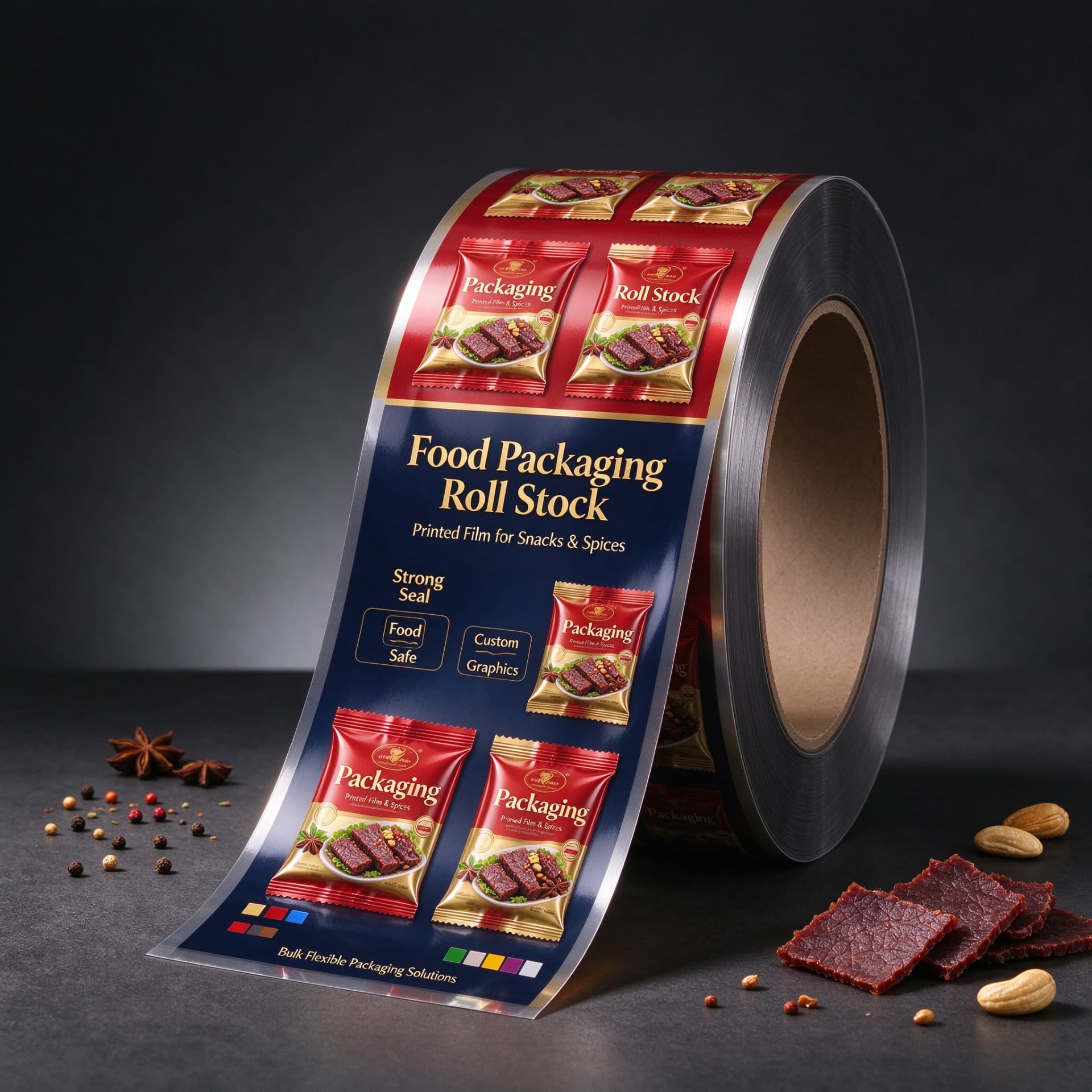 Illustrative concept — printed rollstock with repeat sachet artwork for meat snacks and spices. Not a customer project.