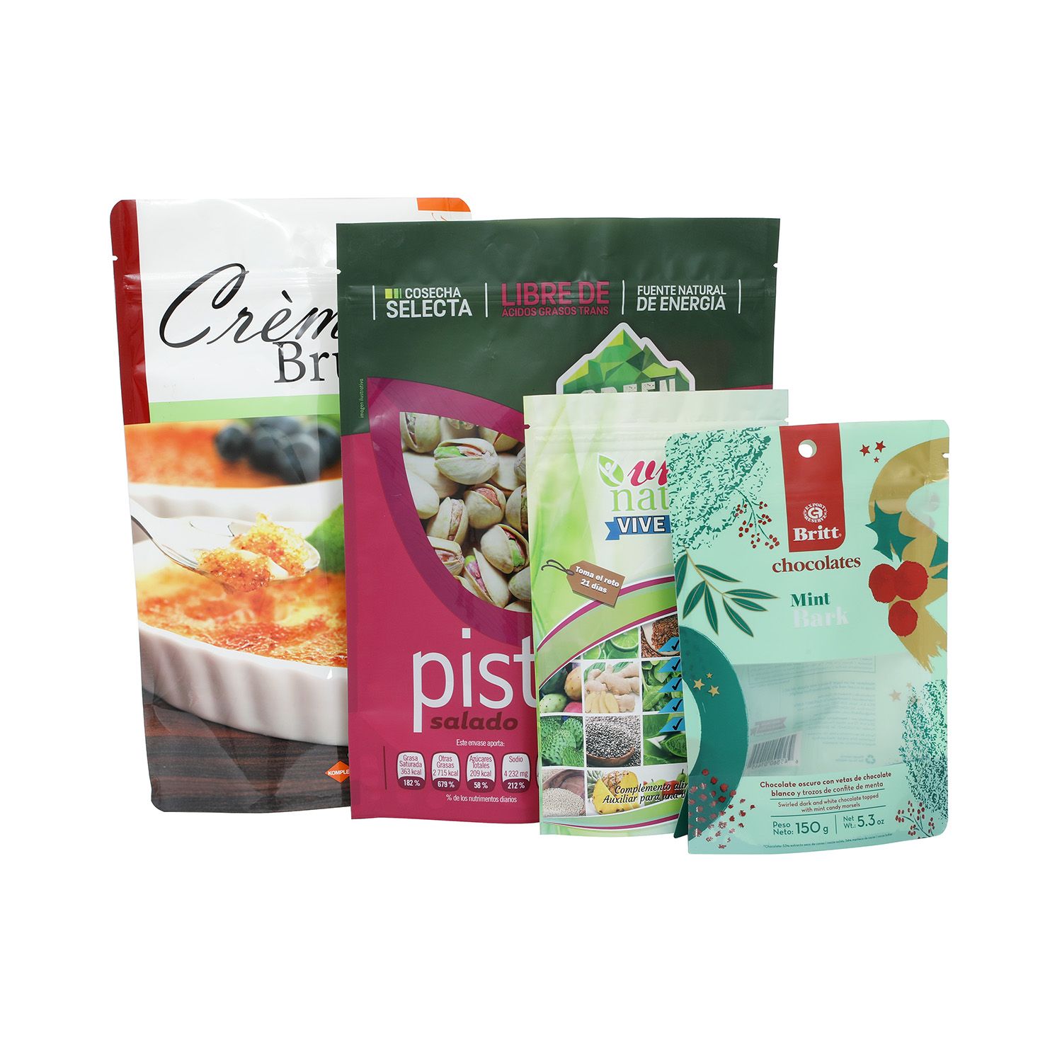 Packaging sample photo — printed stand-up pouches, one with a clear window. Brand artwork belongs to its owners and is shown only as a format example. Not a customer project or endorsement.