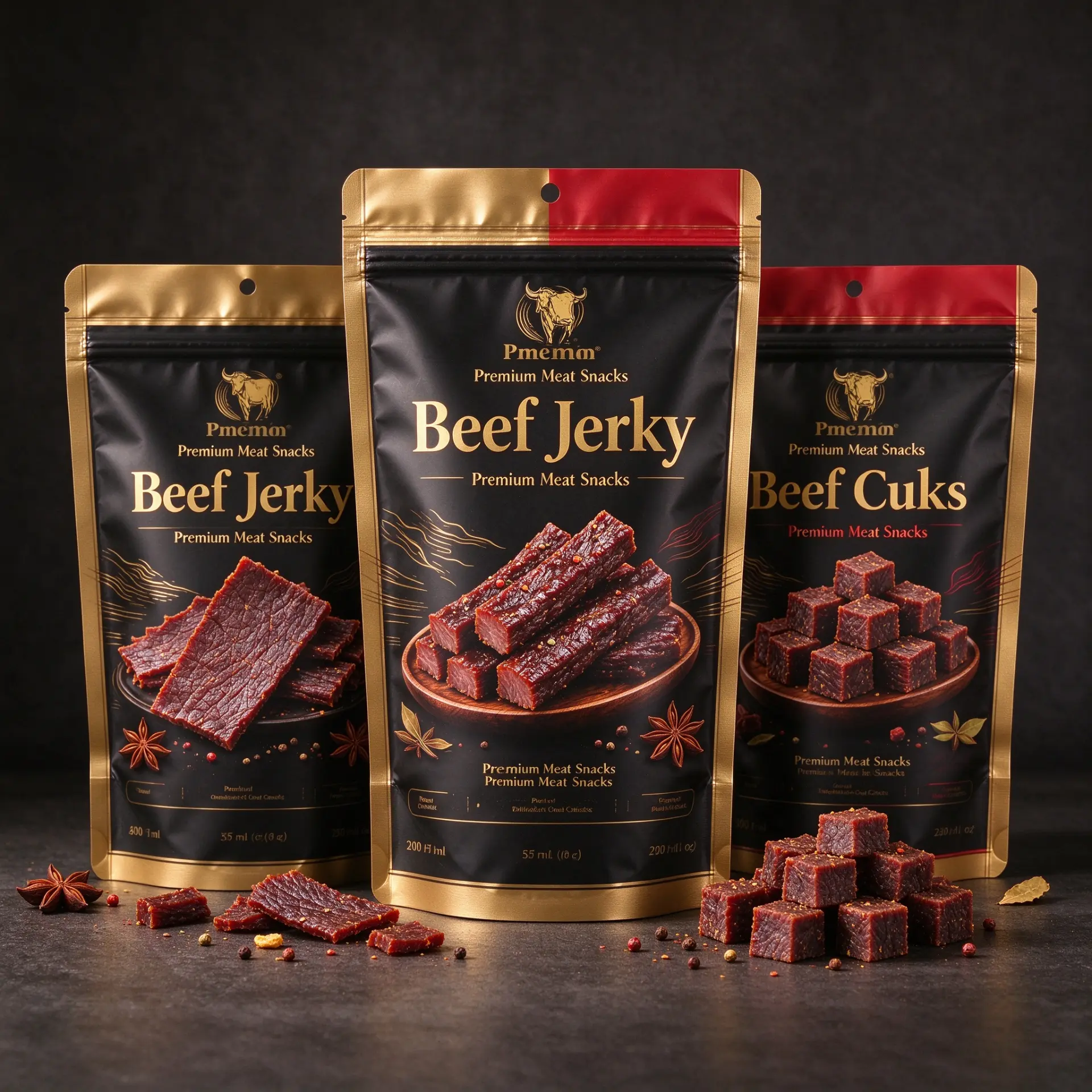 Illustrative concept — three black, gold and red stand-up zipper pouches for jerky-style meat snacks. On-pack wording is artwork only, not a product or compliance claim. Not a customer project.