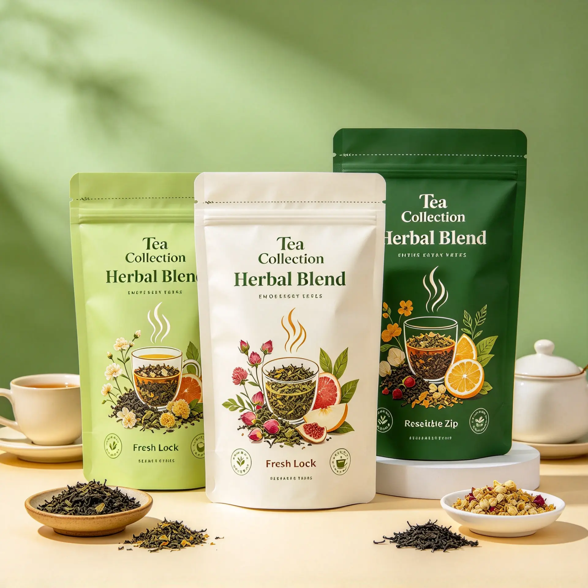 Illustrative concept — three matching stand-up zipper pouches for a herbal tea range. On-pack wording is artwork only, not a product or compliance claim. Not a customer project.
