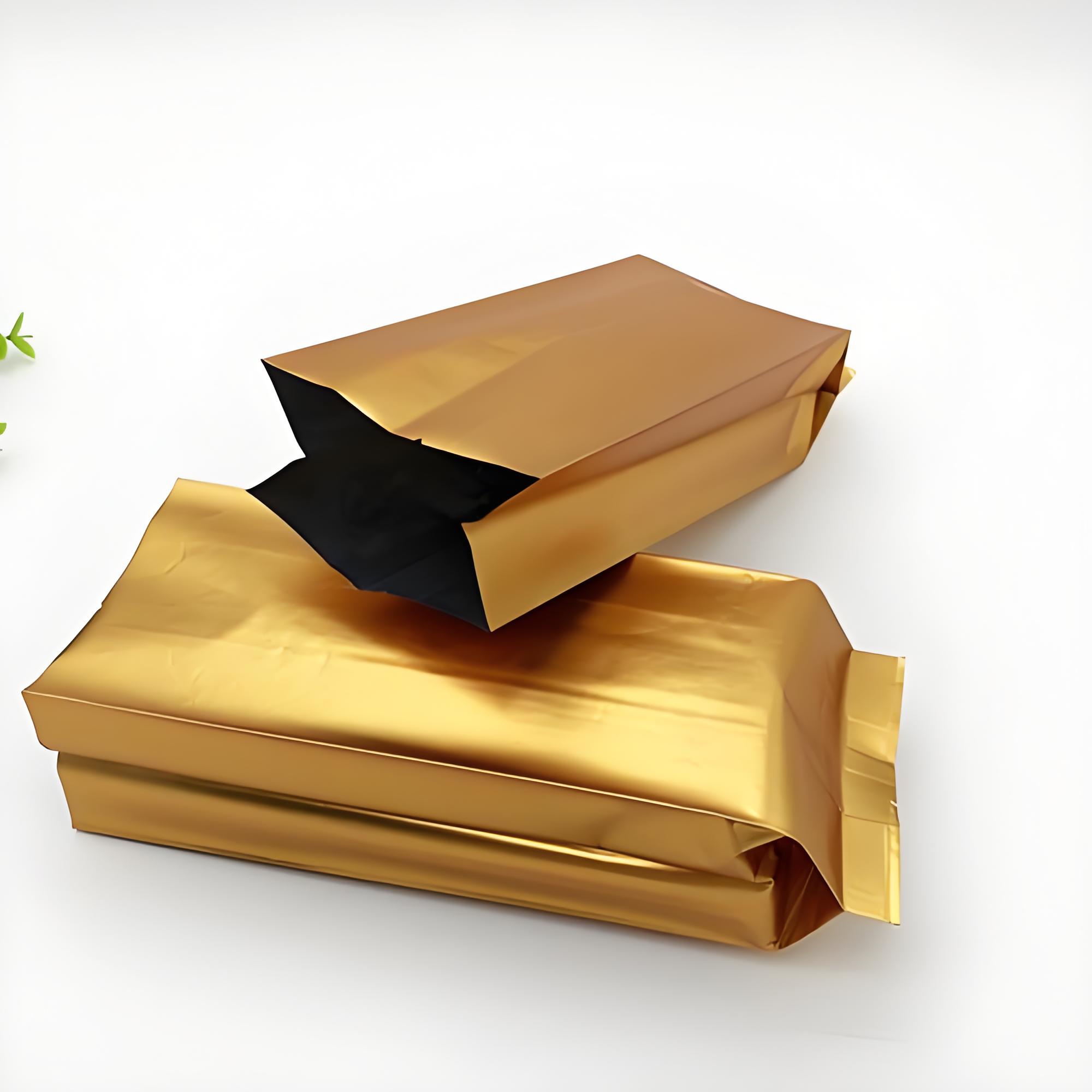 Packaging format example — gold metallic back-seal bags with side gussets. Not a customer project.