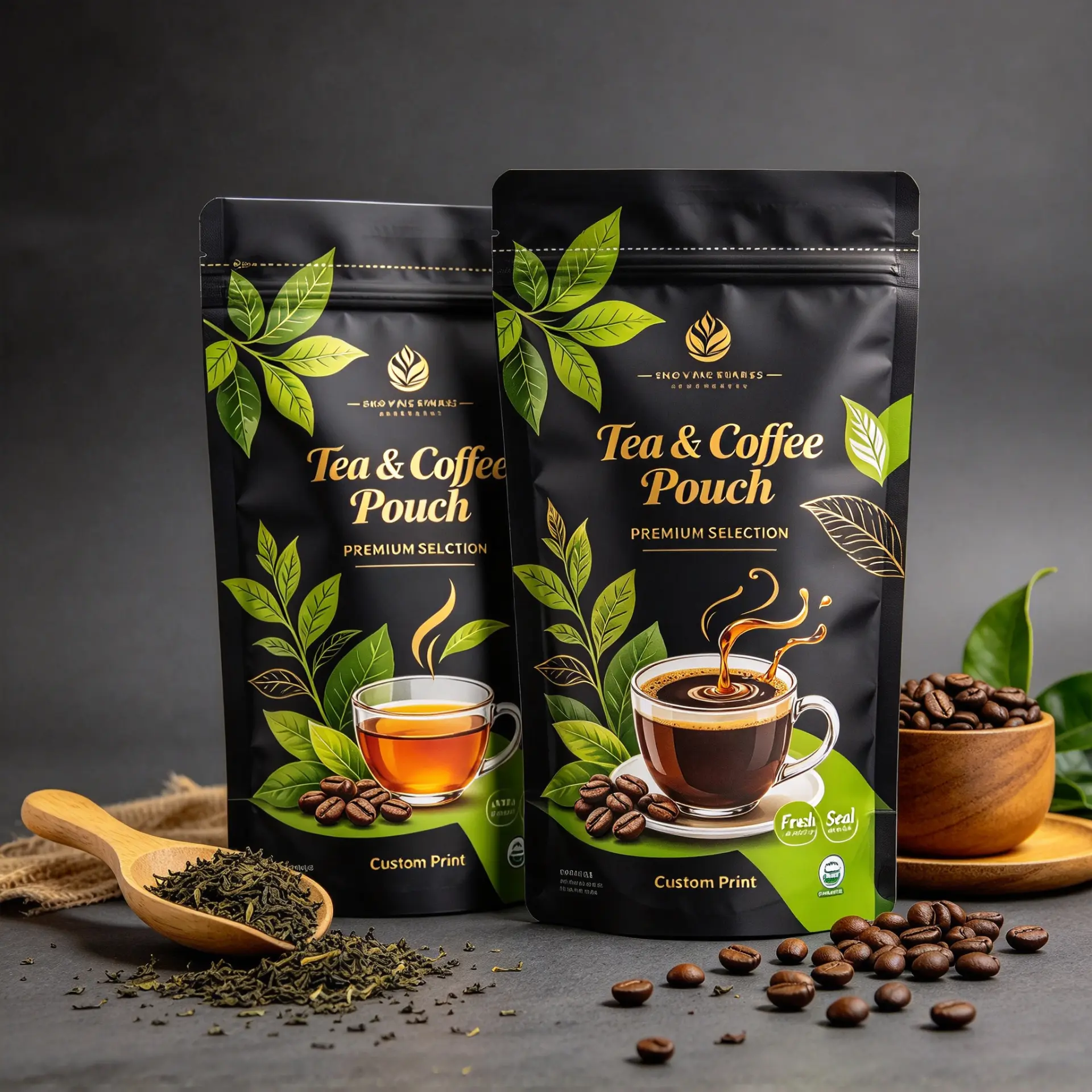 Illustrative concept — black stand-up zipper pouches with leaf and cup artwork for tea or coffee. On-pack wording is artwork only, not a product or compliance claim. Not a customer project.