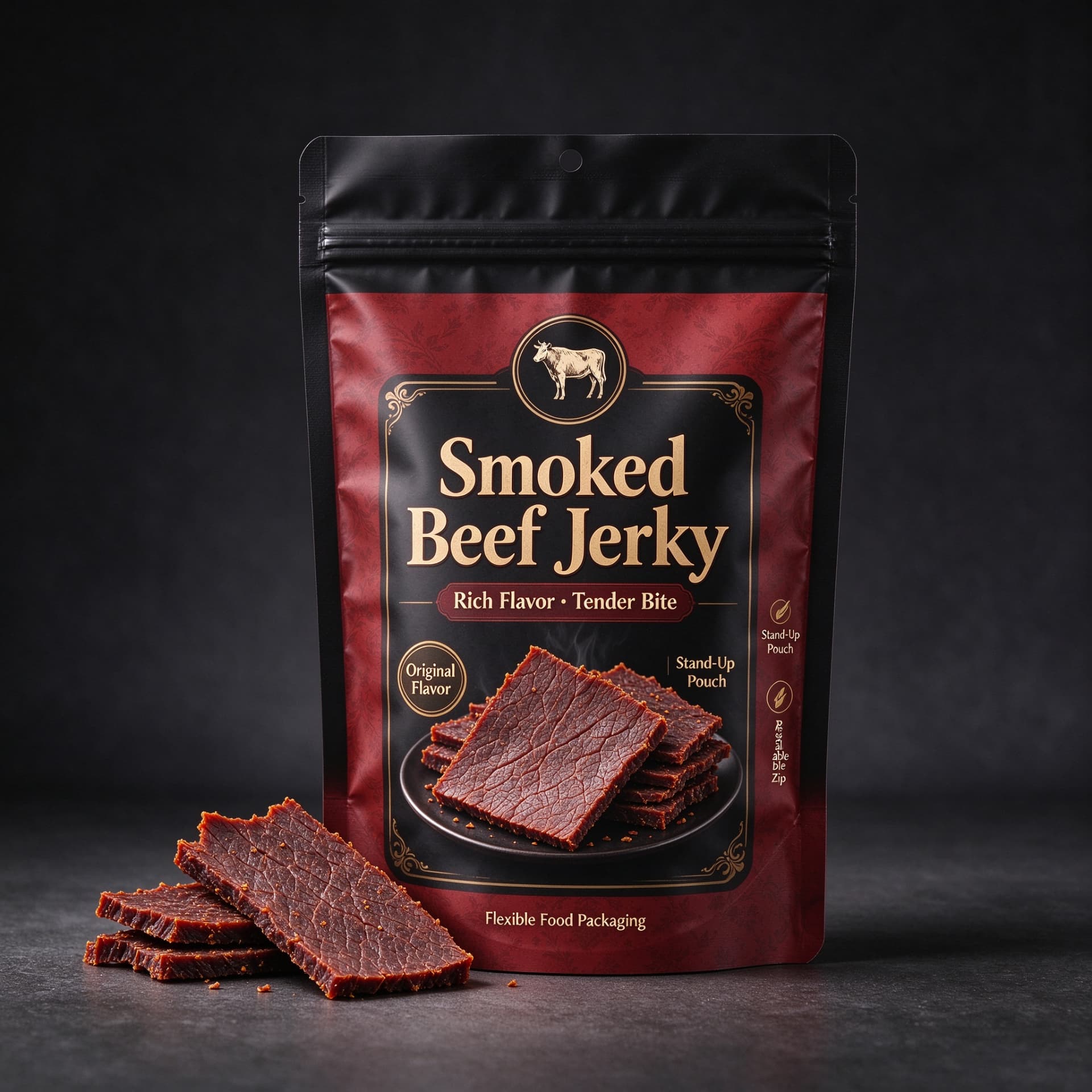 Illustrative concept — black and red stand-up zipper pouch for beef jerky. Not a customer project.