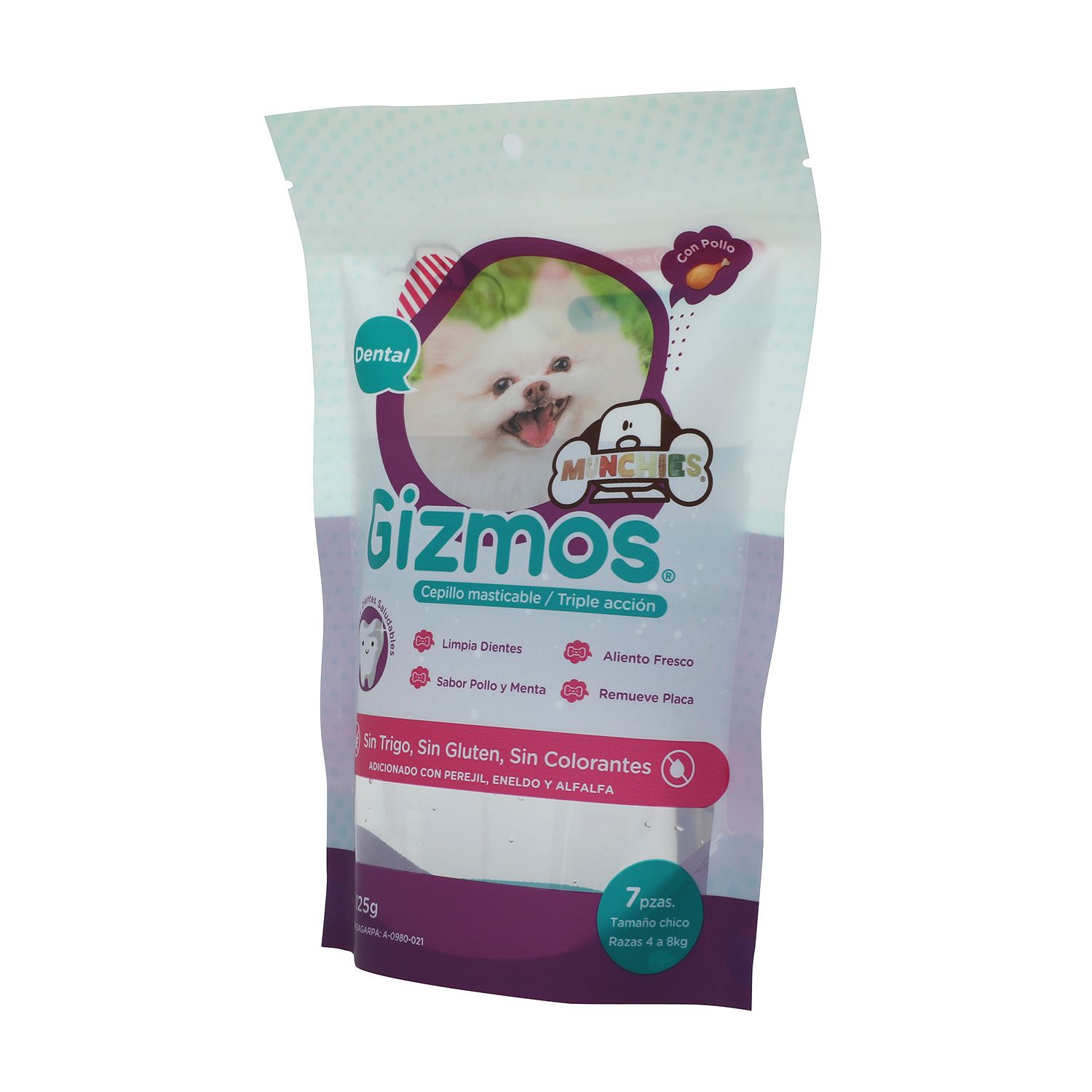Packaging sample photo — printed stand-up zipper pouch with clear window for pet dental treats. Brand artwork belongs to its owners and is shown only as a format example. Not a customer project or endorsement.