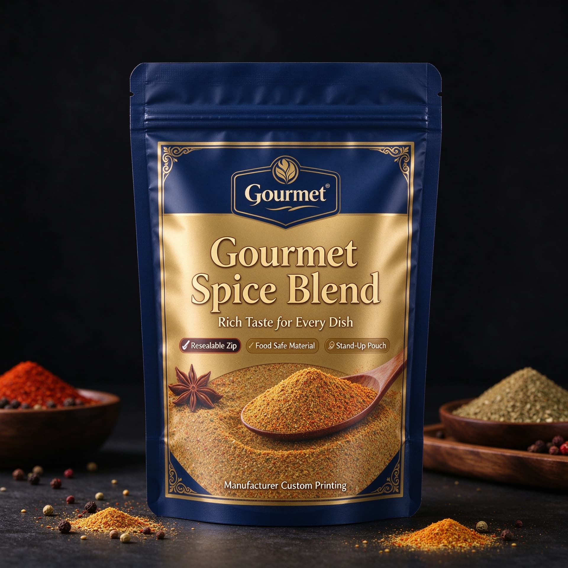 Illustrative concept — navy and gold stand-up zipper pouch for a spice blend. Not a customer project.