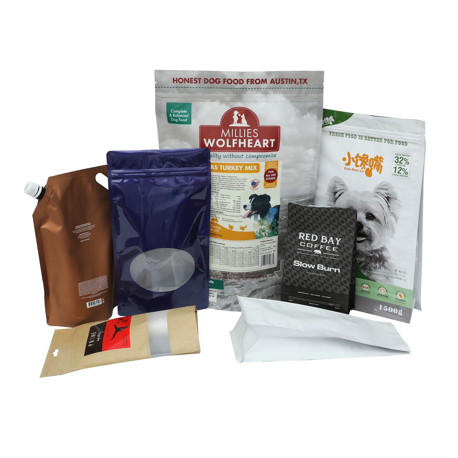 Packaging sample photo — flat-bottom, side-gusset, spout and windowed stand-up pouches together. Brand artwork belongs to its owners and is shown only as a format example. Not a customer project or endorsement.