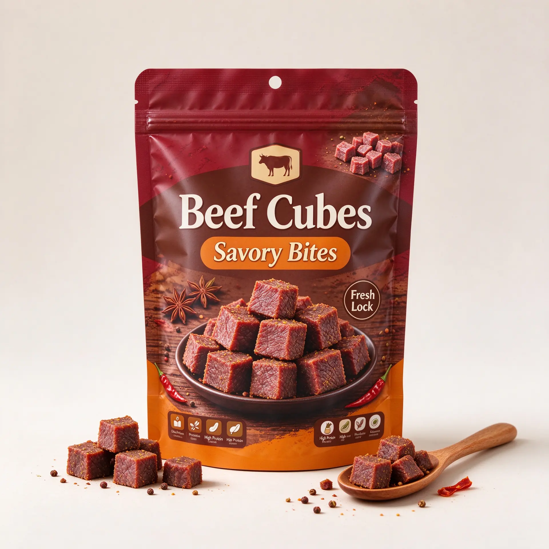 Illustrative concept — red and orange stand-up zipper pouch with hang hole for meat cubes. On-pack wording is artwork only, not a product or compliance claim. Not a customer project.