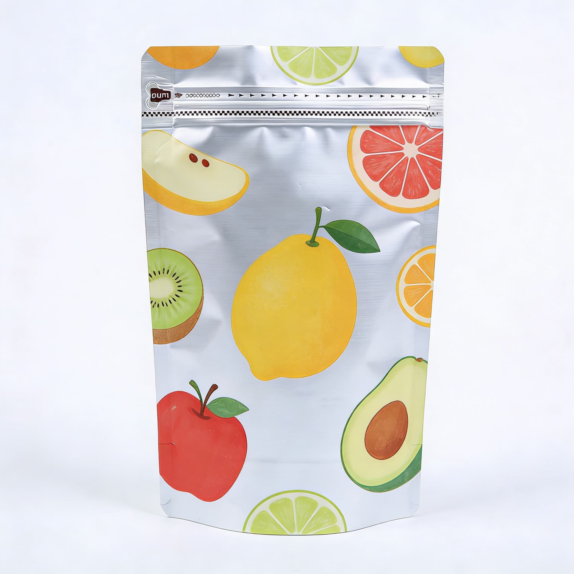 Illustrative concept — metallic stand-up zipper pouch with fruit artwork. Not a customer project.