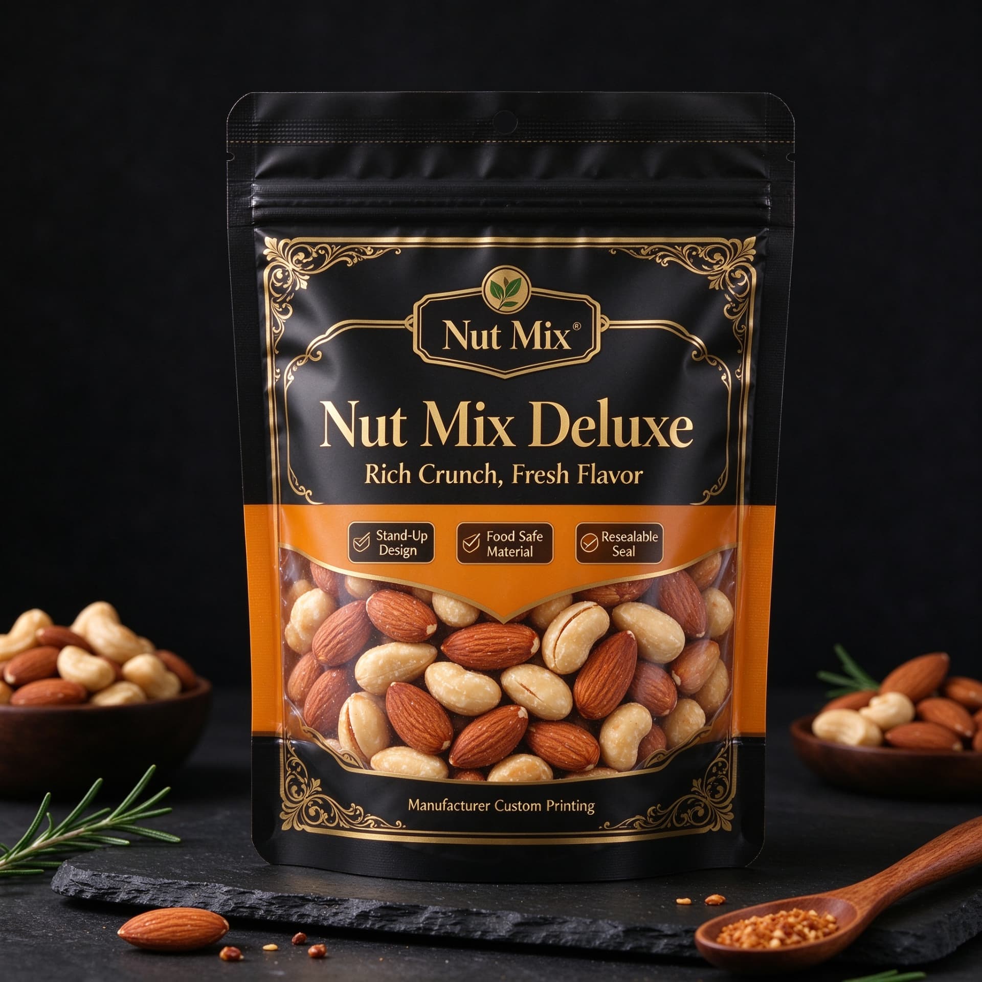 Illustrative concept — black and gold stand-up pouch with window for a nut mix. Not a customer project.
