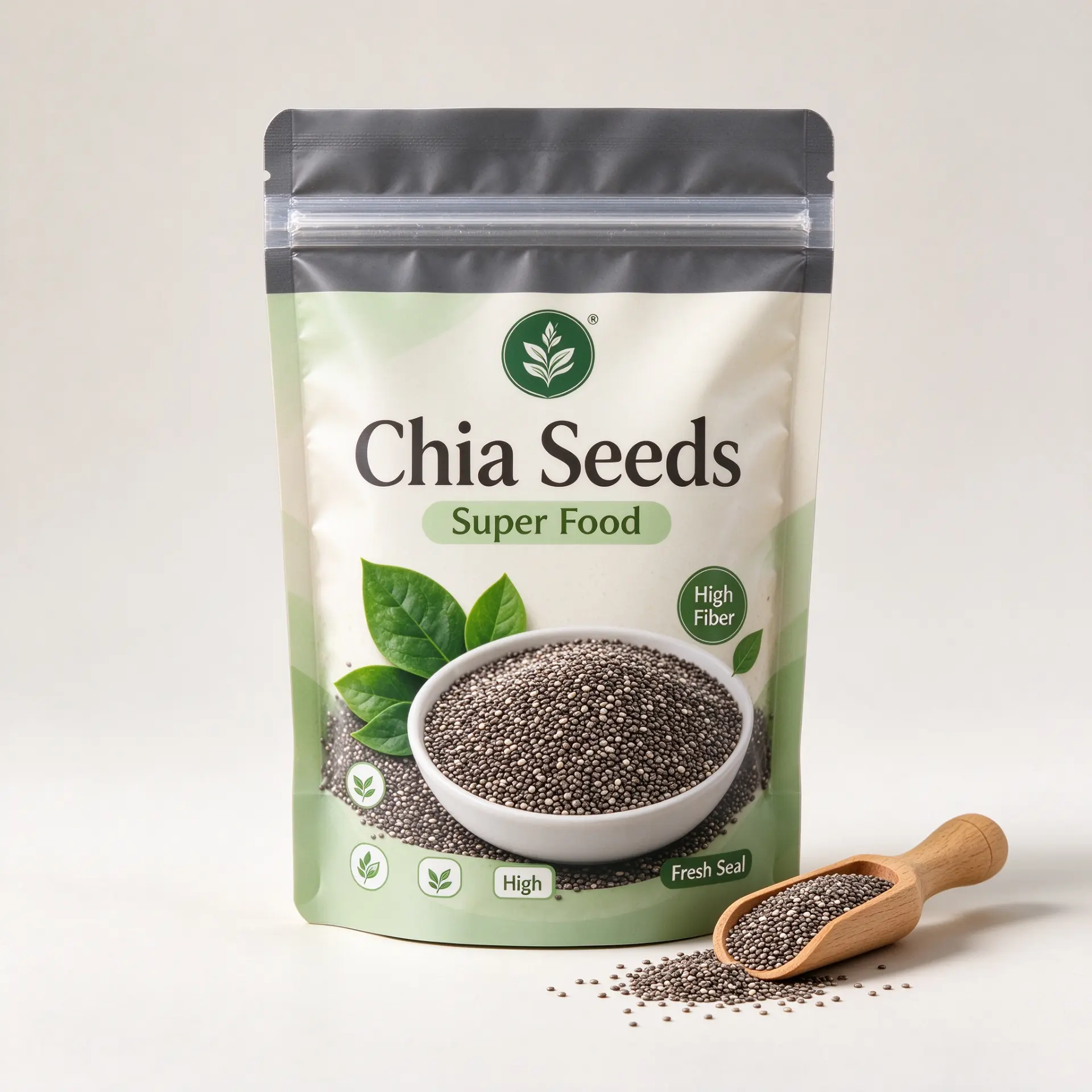 Illustrative concept — green and cream stand-up zipper pouch for chia seeds. On-pack wording is artwork only, not a product or compliance claim. Not a customer project.
