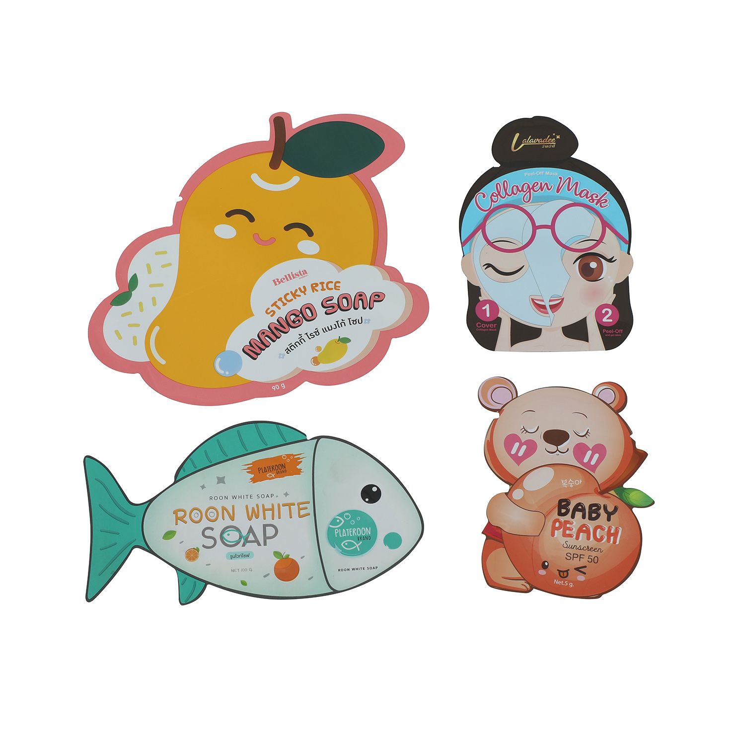 Packaging sample photo — four die-cut shaped sachets in fruit, fish, face and bear outlines. Brand artwork belongs to its owners and is shown only as a format example. Not a customer project or endorsement.