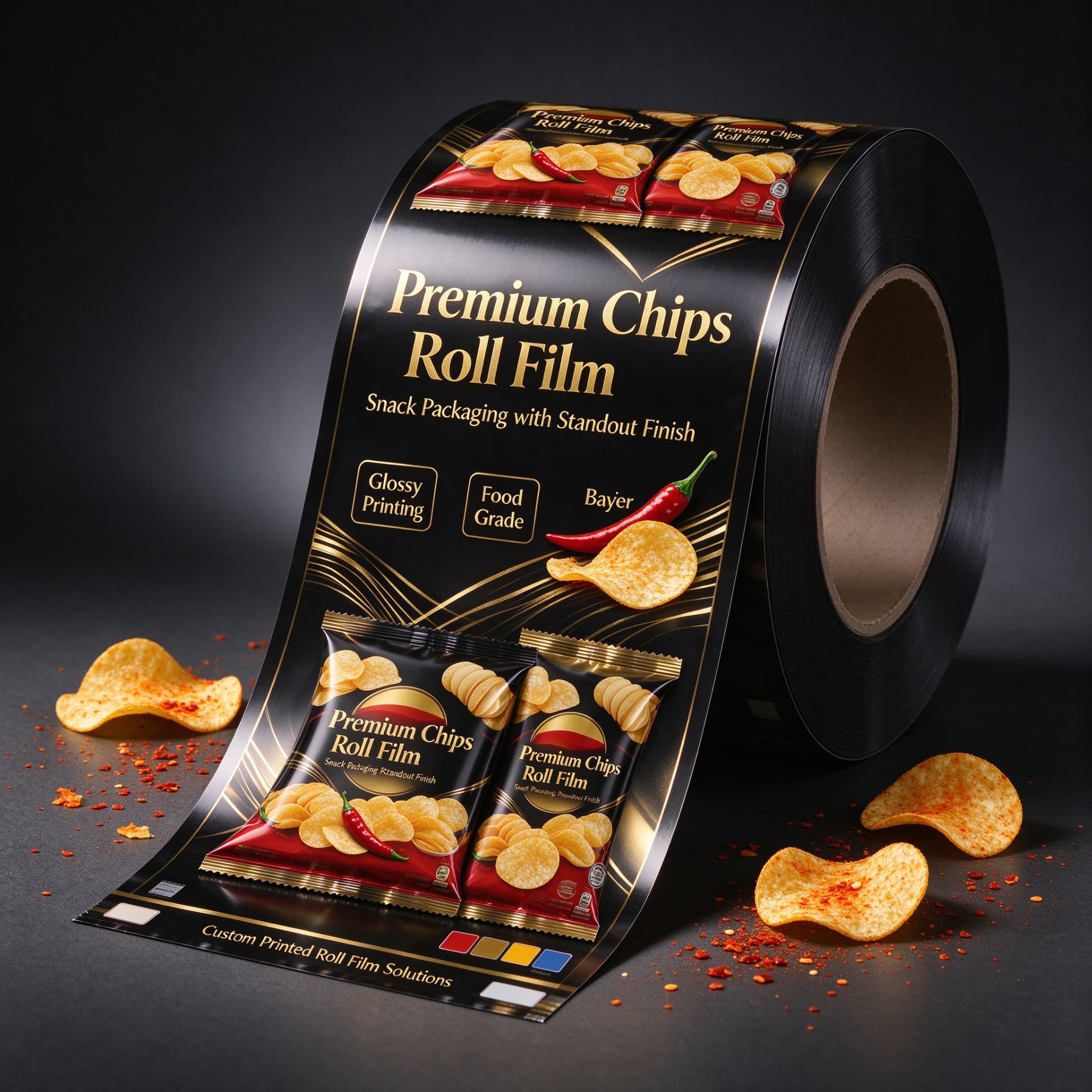 Illustrative concept — black and gold printed rollstock for chip packaging. Not a customer project.