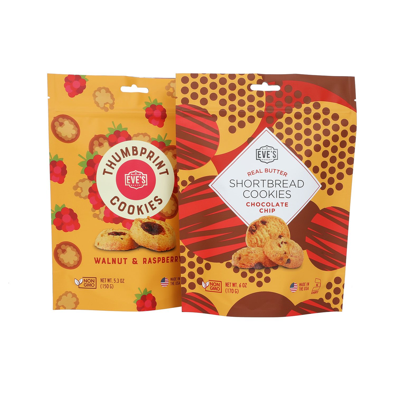 Packaging sample photo — two printed stand-up zipper pouches with hang holes. Brand artwork belongs to its owners and is shown only as a format example. Not a customer project or endorsement.