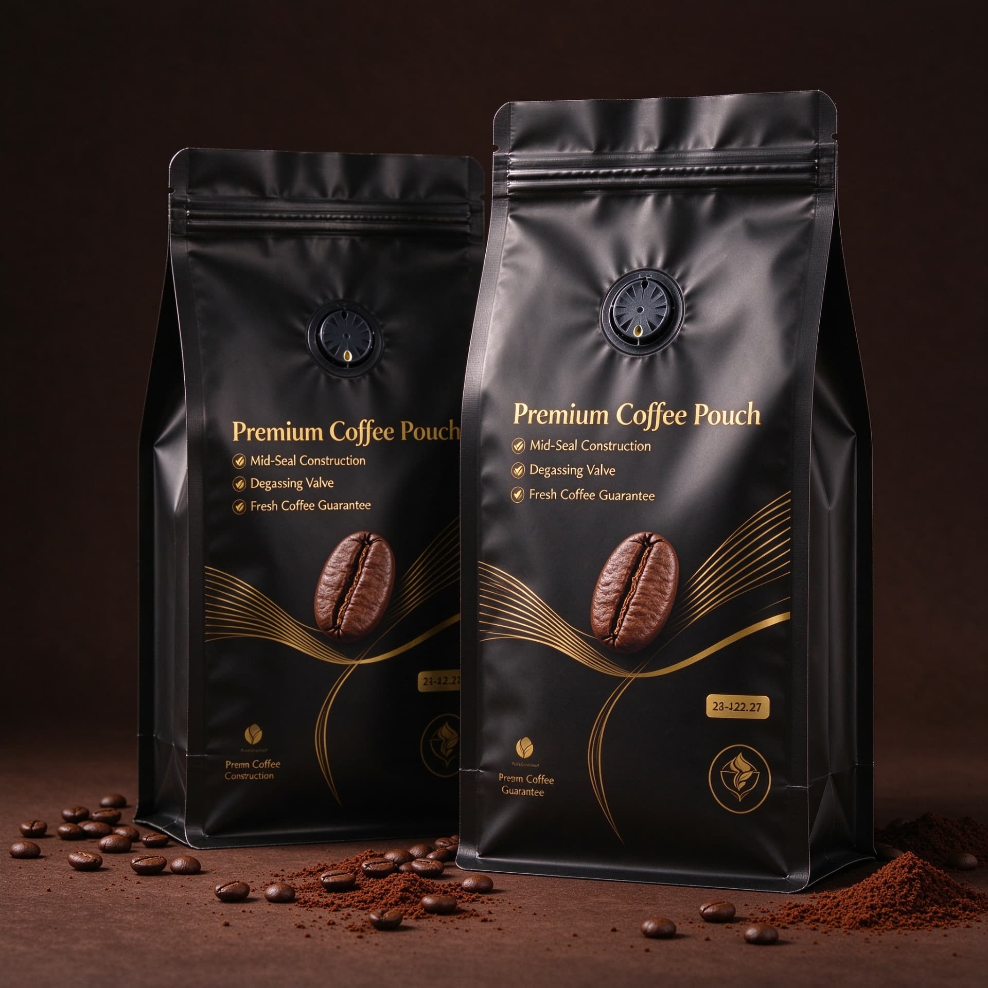 Illustrative concept — matte black flat-bottom coffee bags with zipper and degassing valve. On-pack wording is artwork only, not a product or compliance claim. Not a customer project.