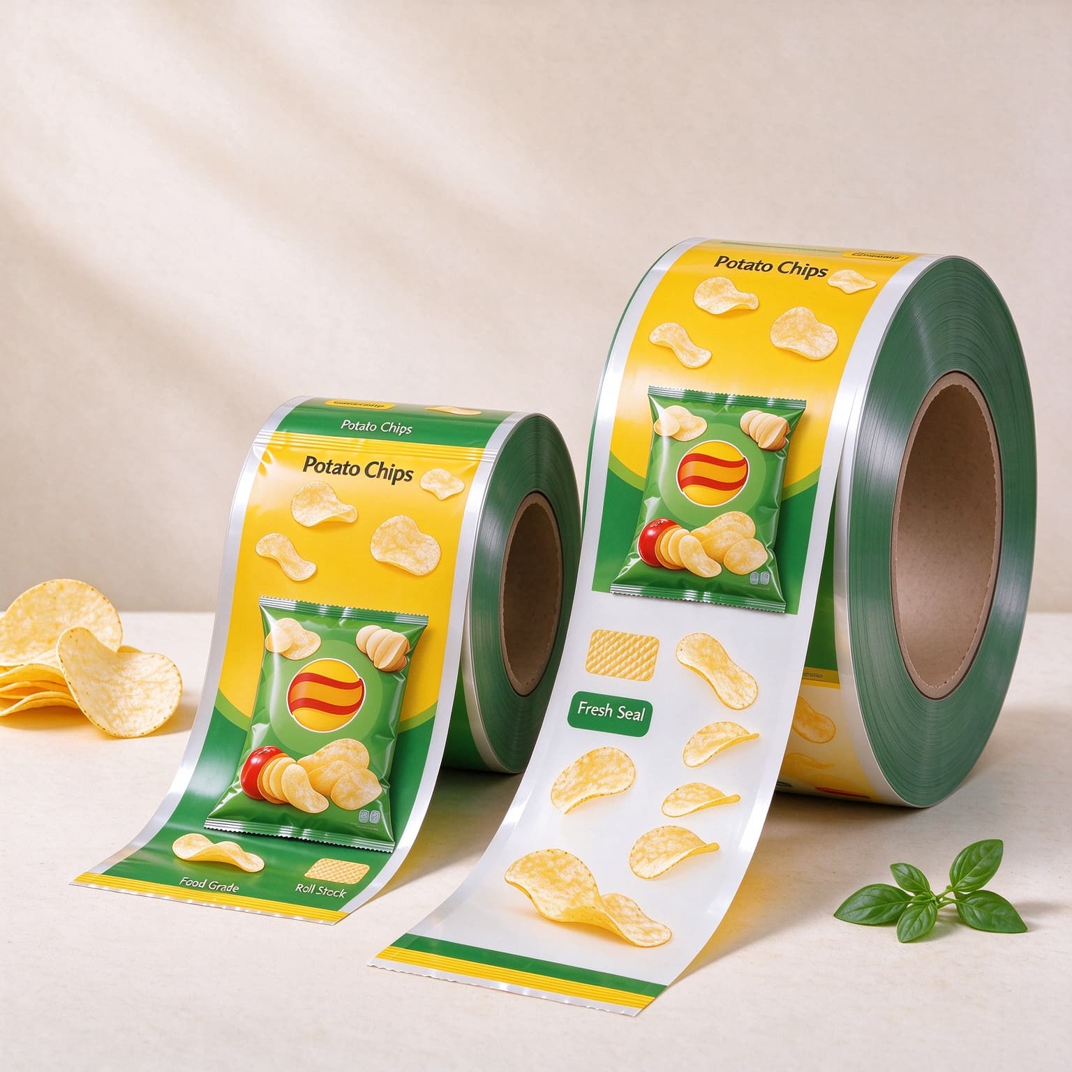 Illustrative concept — printed rollstock rolls for potato chip bags. Not a customer project.