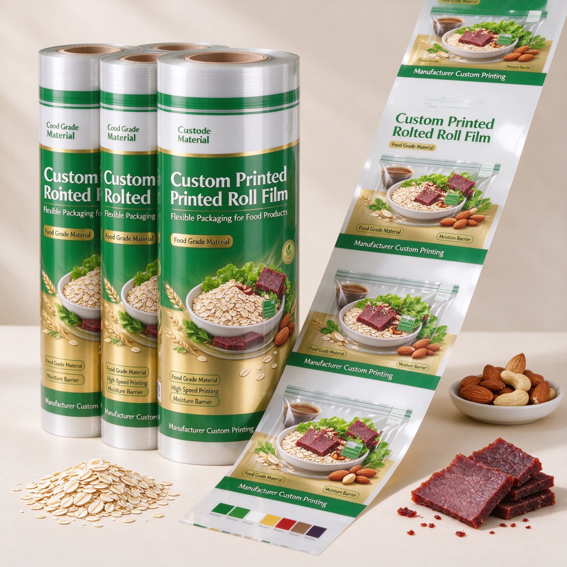 Illustrative concept — printed rollstock film rolls for food products. Not a customer project.