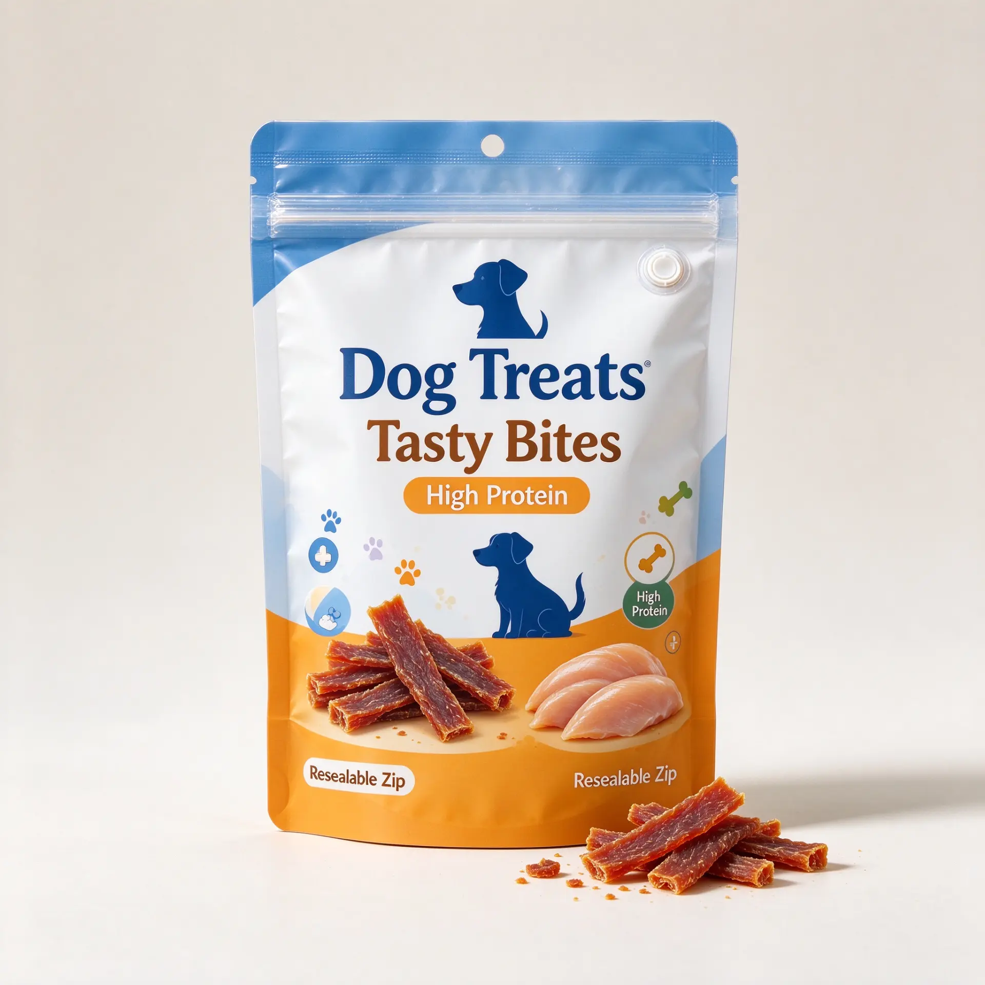 Illustrative concept — blue, white and orange stand-up zipper pouch with hang hole for dog treats. On-pack wording is artwork only, not a product or compliance claim. Not a customer project.