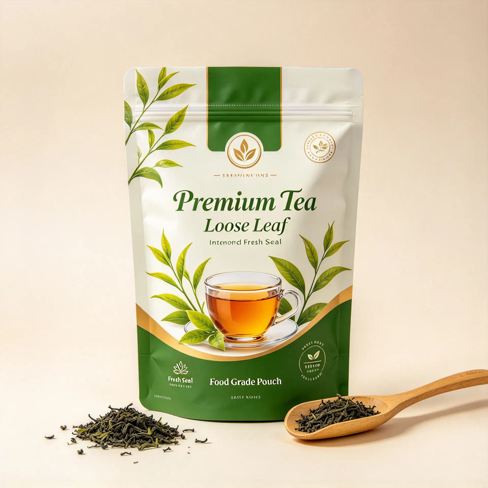 Illustrative concept — white and green stand-up zipper pouch for loose-leaf tea. On-pack wording is artwork only, not a product or compliance claim. Not a customer project.