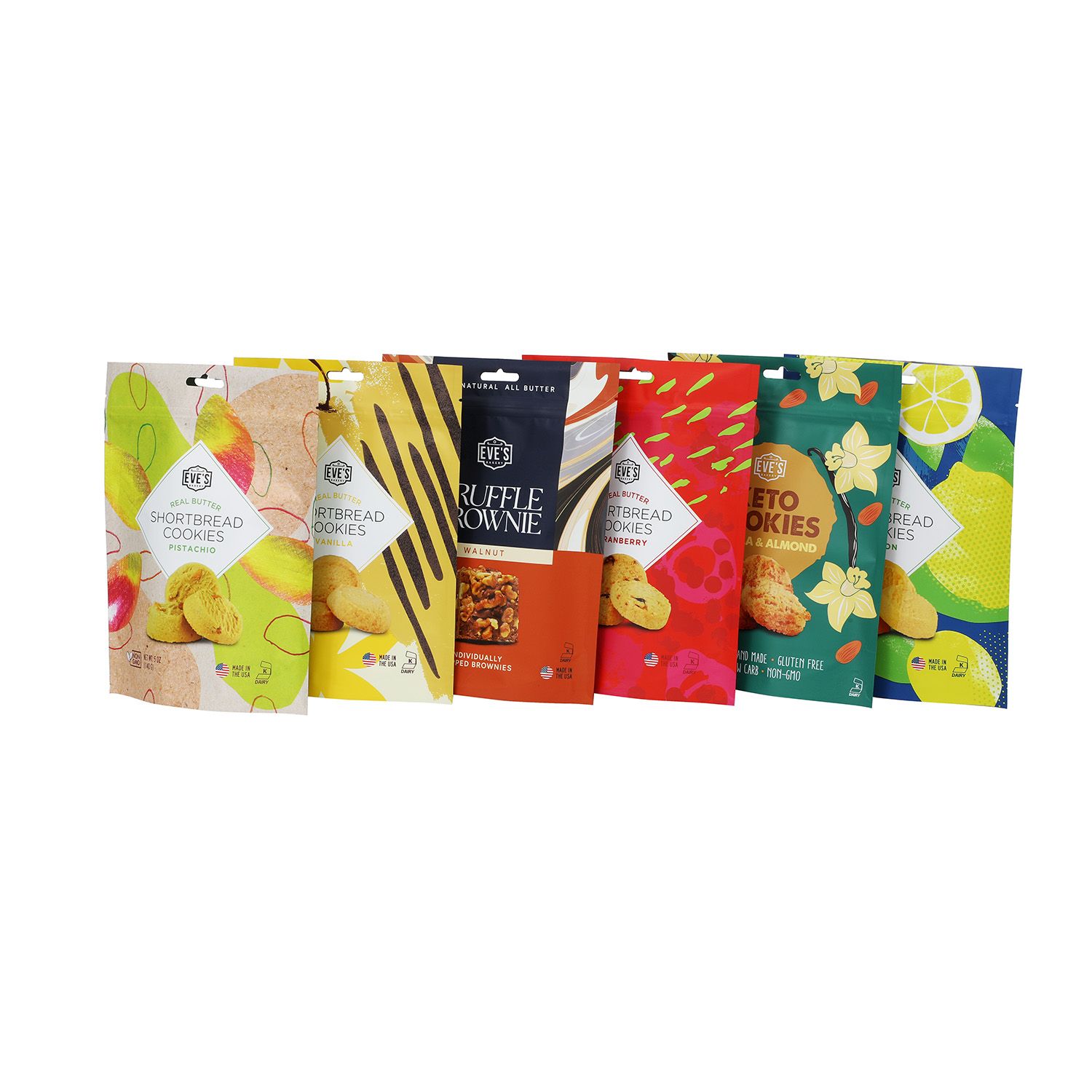 Packaging sample photo — six printed stand-up pouches across one product line. Brand artwork belongs to its owners and is shown only as a format example. Not a customer project or endorsement.
