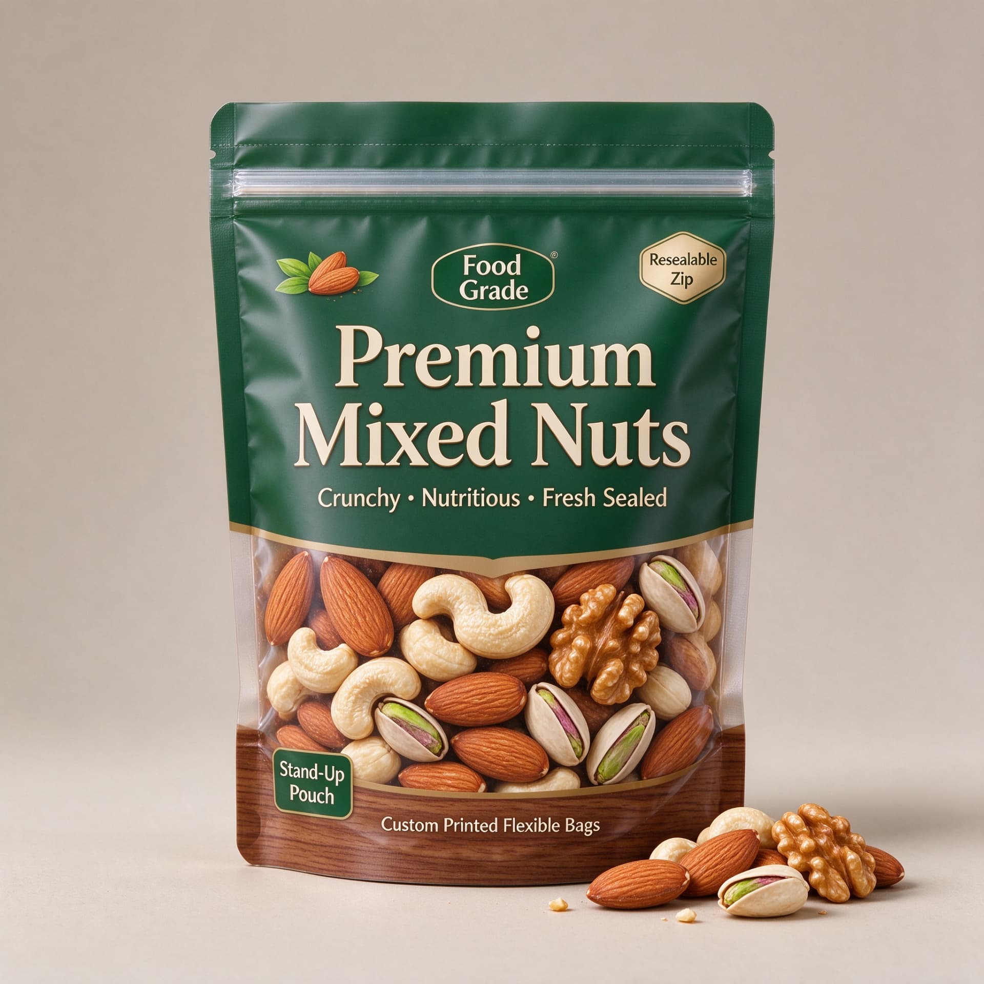 Illustrative concept — stand-up zipper pouch with window for mixed nuts. Not a customer project.