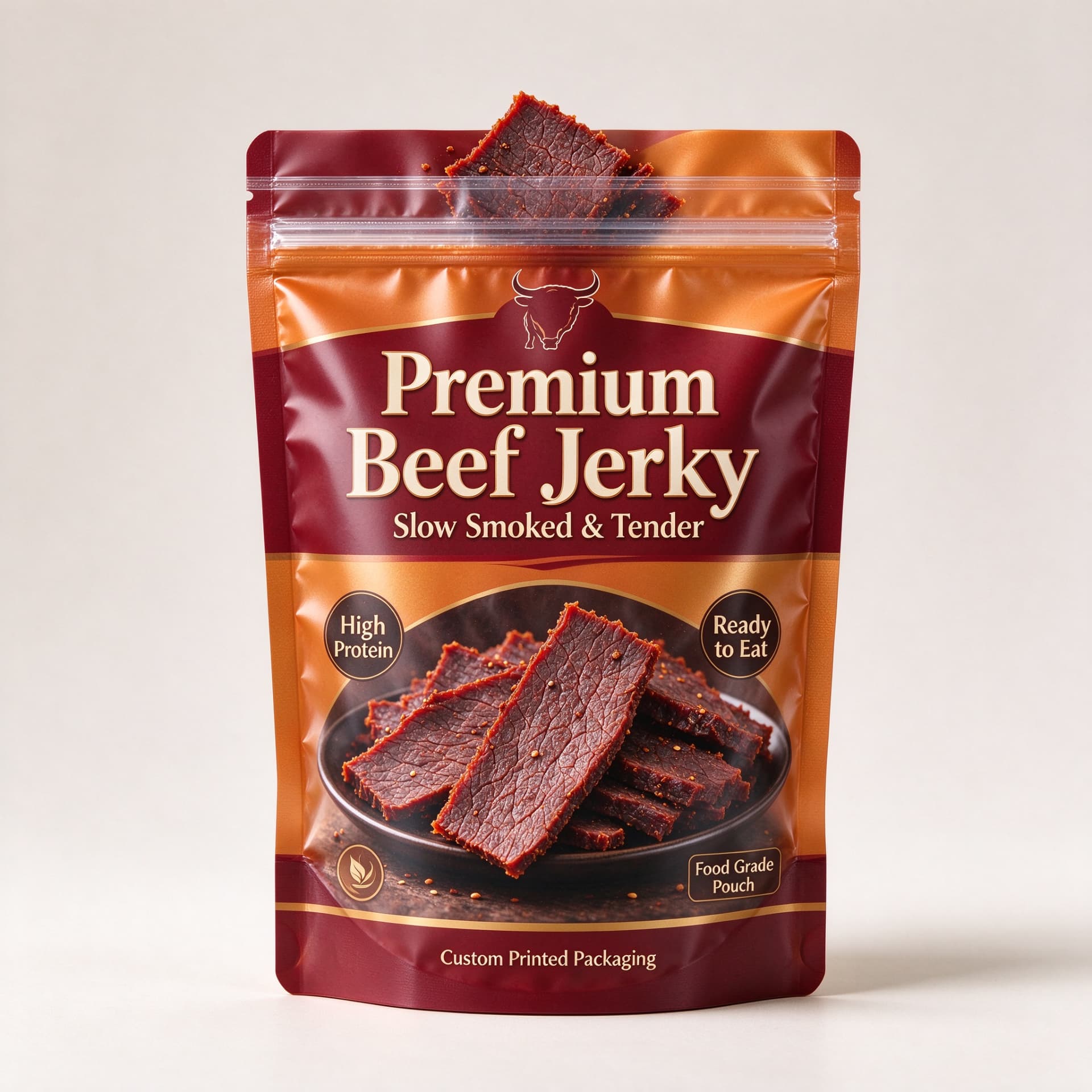 Illustrative concept — red and copper stand-up zipper pouch for beef jerky. Not a customer project.