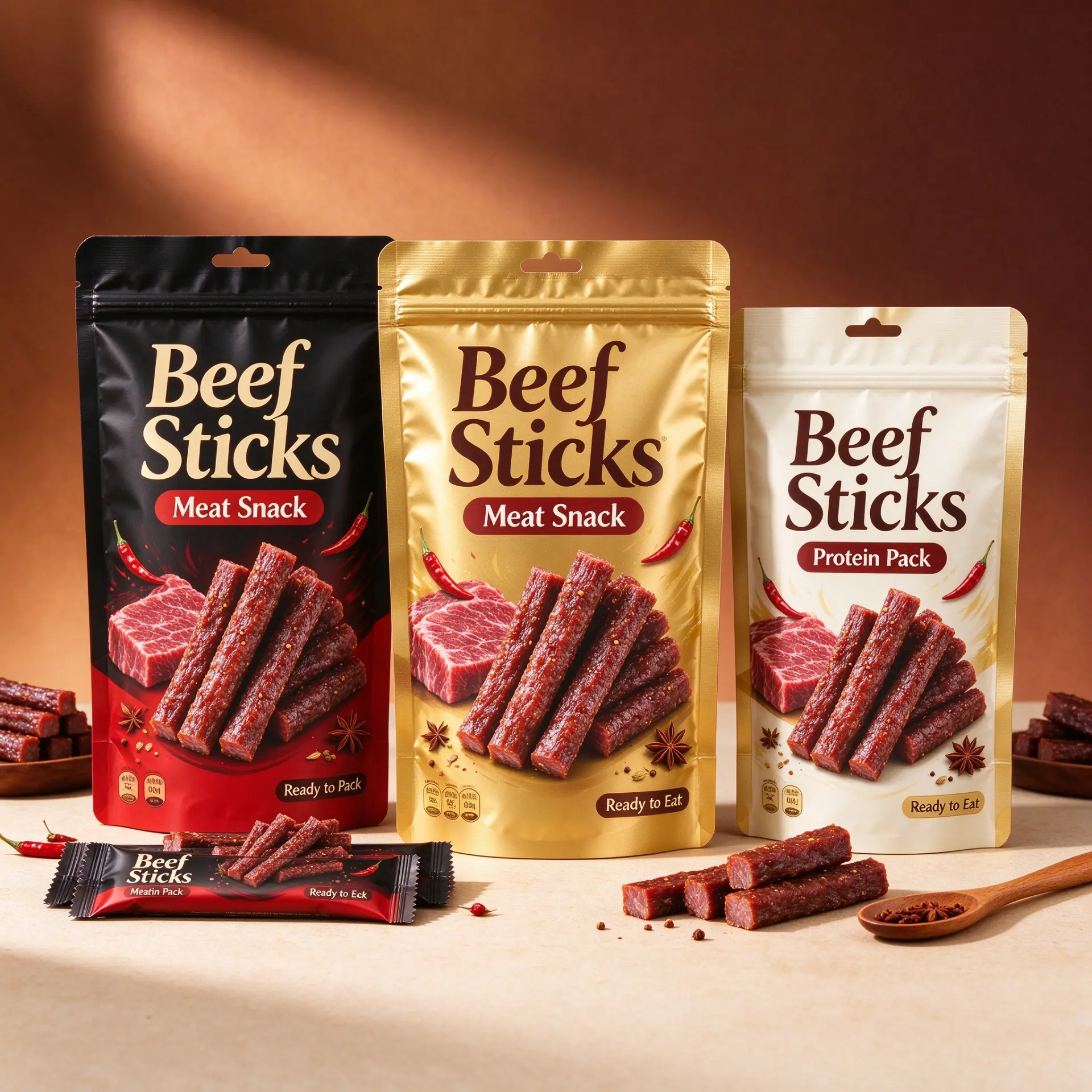 Illustrative concept — stand-up zipper pouches with matching single-serve flow wrappers for meat sticks. On-pack wording is artwork only, not a product or compliance claim. Not a customer project.