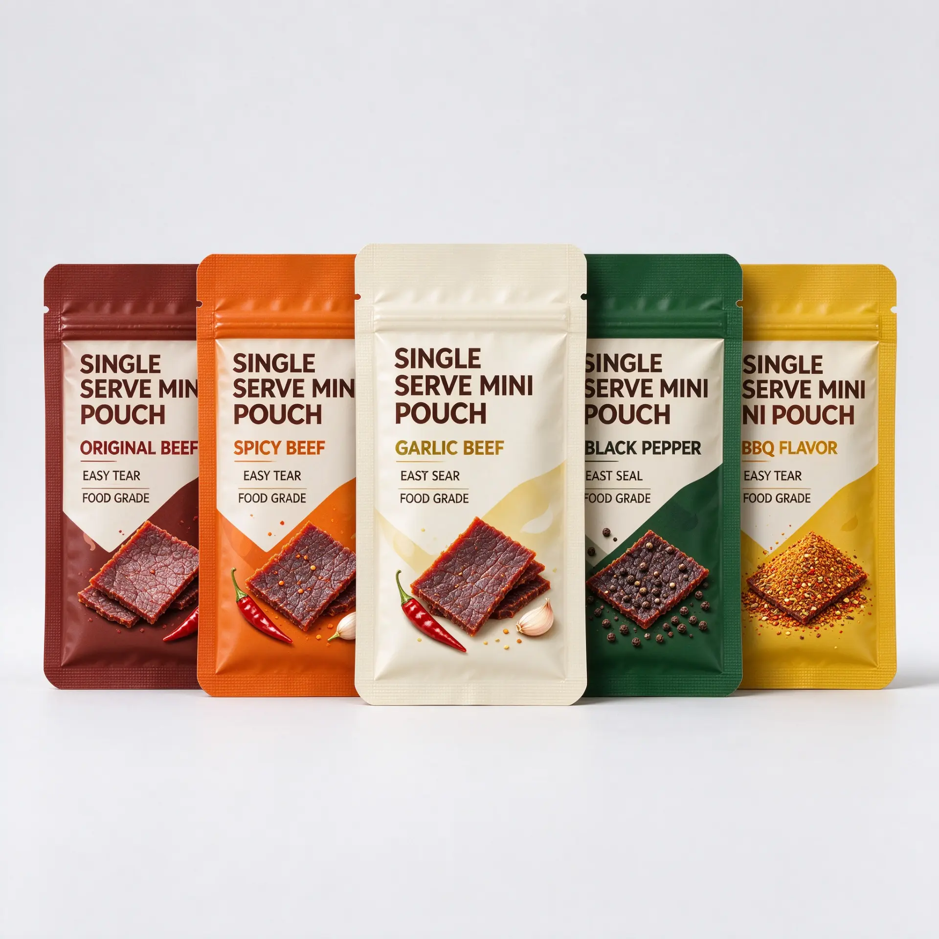 Illustrative concept — single-serve three-side seal zipper pouches for flavored beef jerky. On-pack wording is artwork only, not a compliance claim. Not a customer project.