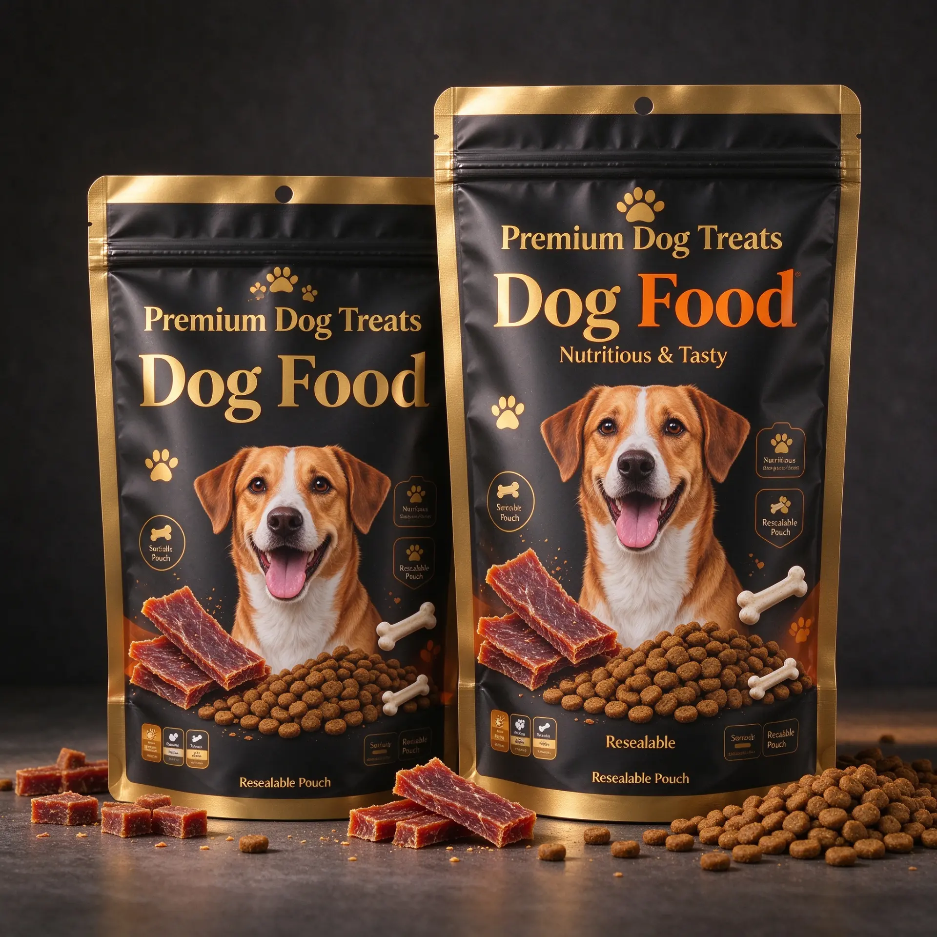 Illustrative concept — black and gold stand-up zipper pouches with hang hole for dog treats. On-pack wording is artwork only, not a product or compliance claim. Not a customer project.