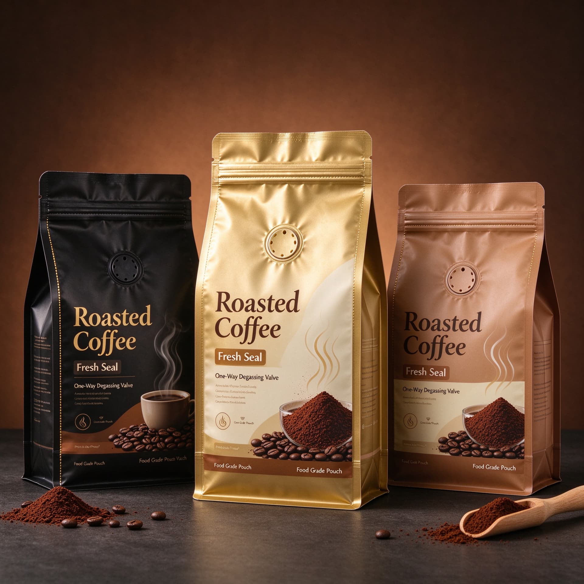 Illustrative concept — black, gold and copper flat-bottom coffee bags with zipper and one-way degassing valve. On-pack wording is artwork only, not a product or compliance claim. Not a customer project.