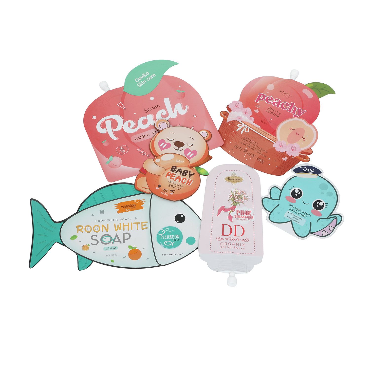 Packaging sample photo — shaped pouches with and without spouts for cosmetic products. Brand artwork belongs to its owners and is shown only as a format example. Not a customer project or endorsement.