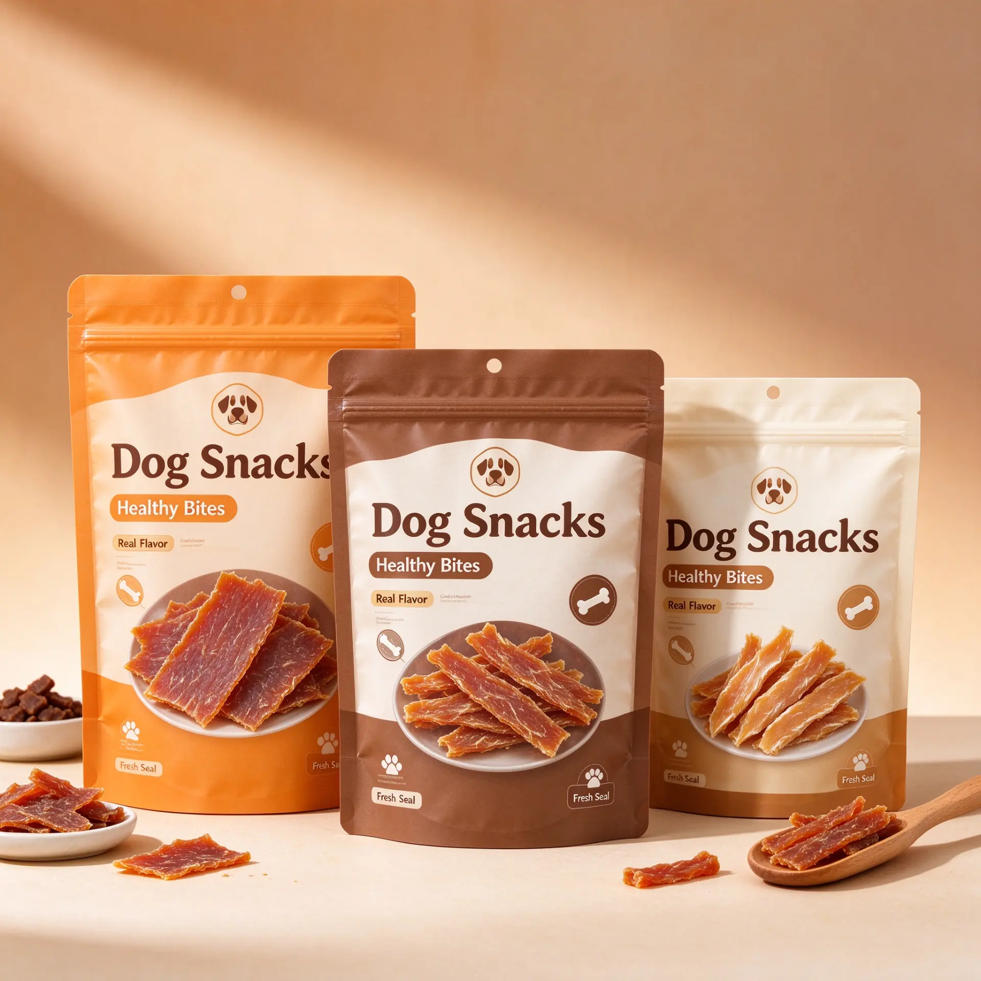 Illustrative concept — three stand-up zipper pouches with hang holes for dog snacks. On-pack wording is artwork only, not a product or compliance claim. Not a customer project.