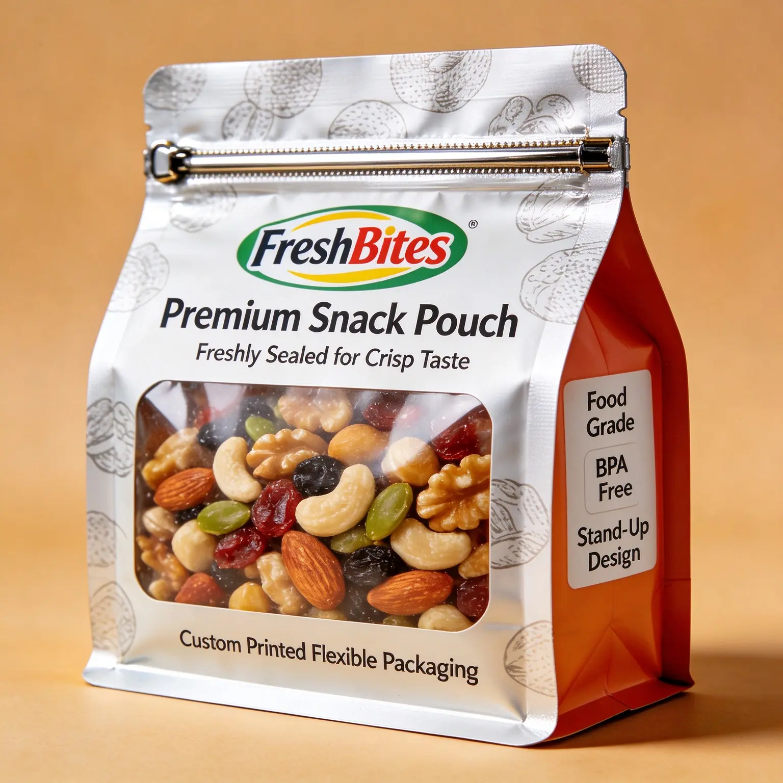 Illustrative concept — silver flat-bottom snack pouch with front window and zipper. Not a customer project.