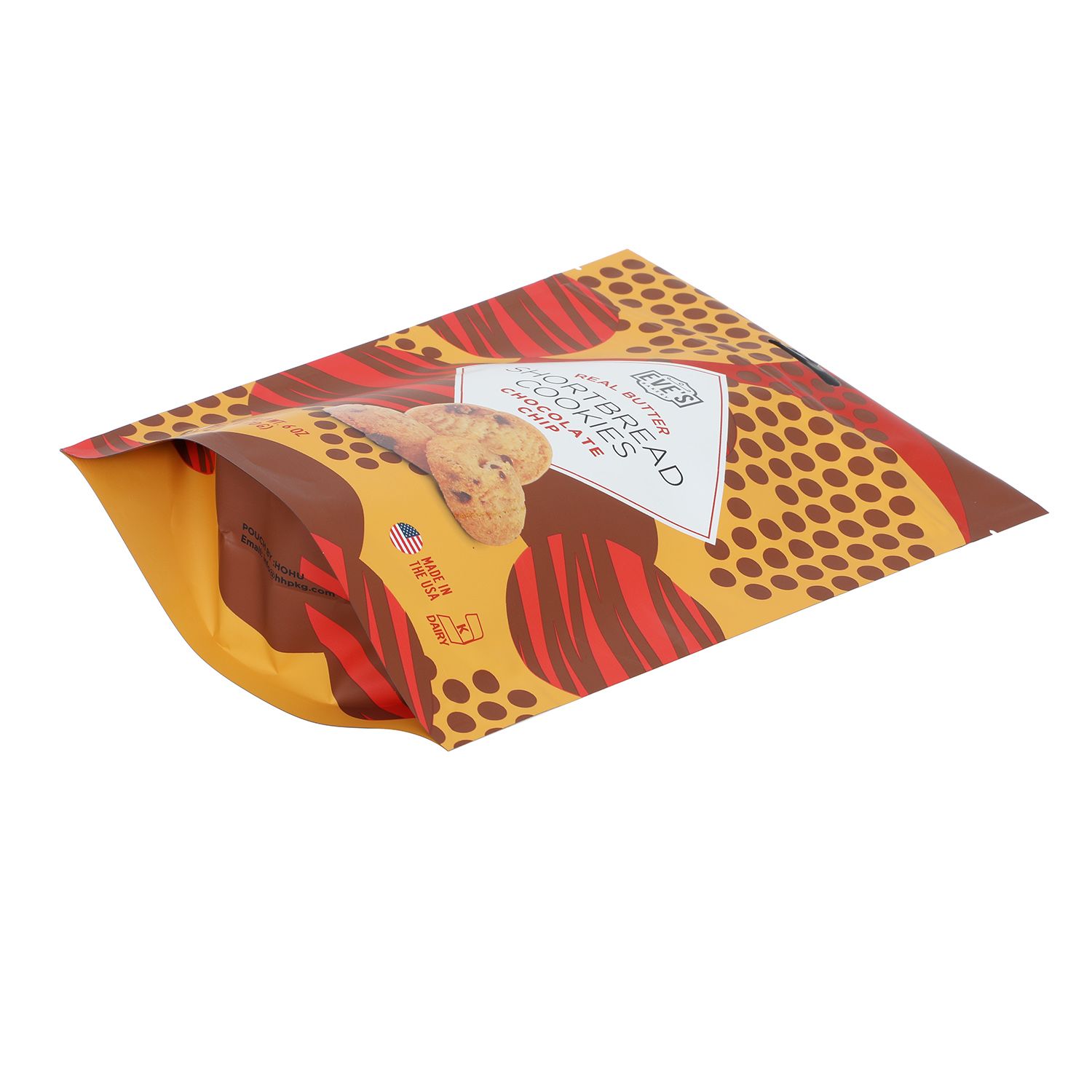 Packaging sample photo — stand-up zipper pouch showing the bottom gusset. Brand artwork belongs to its owners and is shown only as a format example. Not a customer project or endorsement.