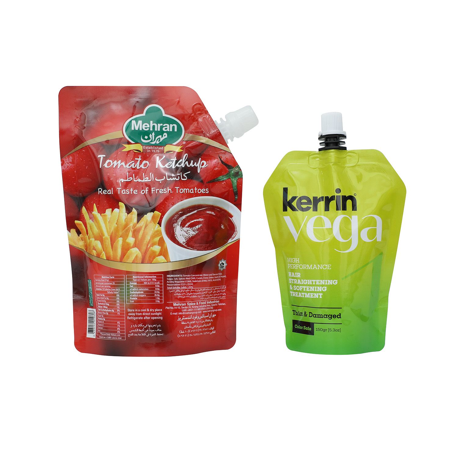 Packaging sample photo — two printed spout pouches for a sauce and a hair-care liquid. Brand artwork belongs to its owners and is shown only as a format example. Not a customer project or endorsement.
