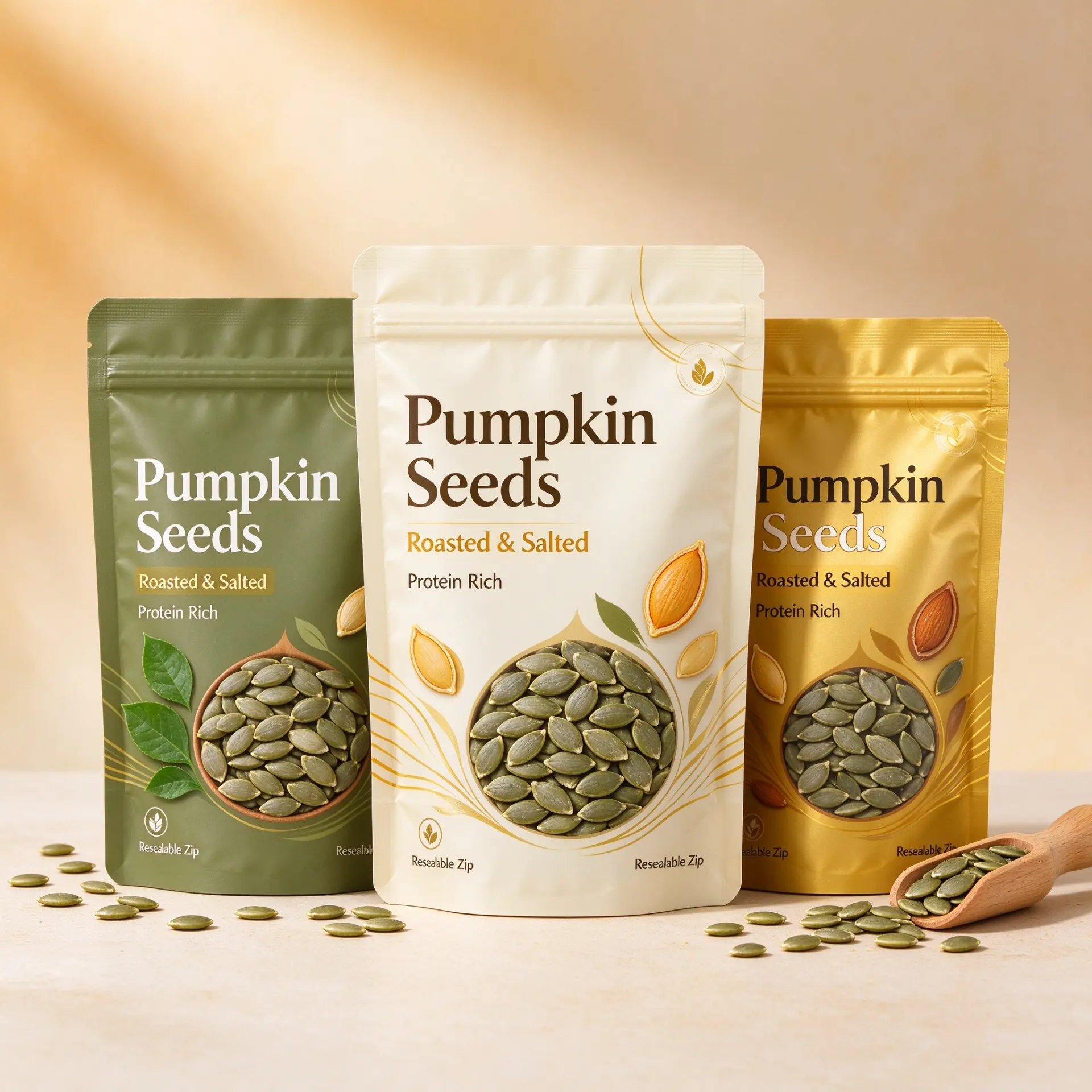 Illustrative concept — three stand-up zipper pouches in green, cream and gold for pumpkin seeds. On-pack wording is artwork only, not a product or compliance claim. Not a customer project.