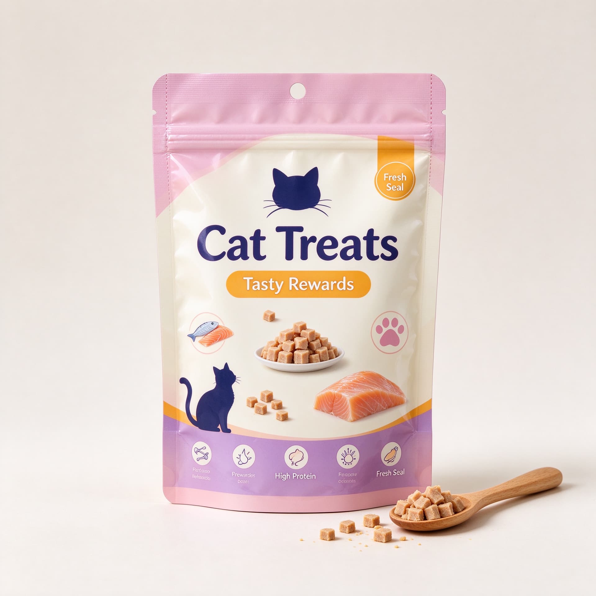 Illustrative concept — pink and cream stand-up zipper pouch with hang hole for cat treats. On-pack wording is artwork only, not a product or compliance claim. Not a customer project.