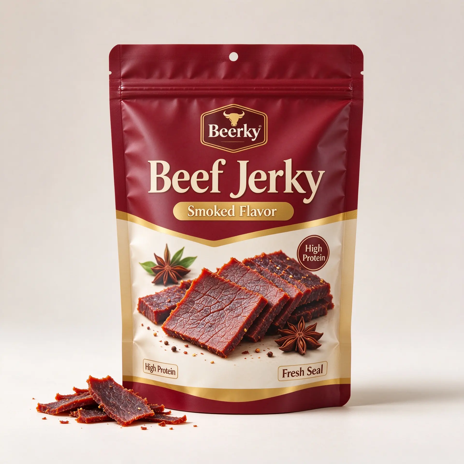 Illustrative concept — red and cream stand-up zipper pouch with hang hole for beef jerky. On-pack wording is artwork only, not a product or compliance claim. Not a customer project.