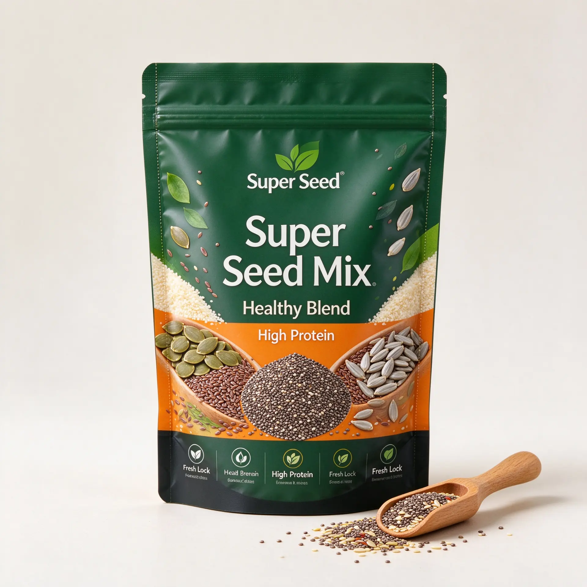 Illustrative concept — green and orange stand-up zipper pouch for a mixed seed blend. On-pack wording is artwork only, not a product or compliance claim. Not a customer project.