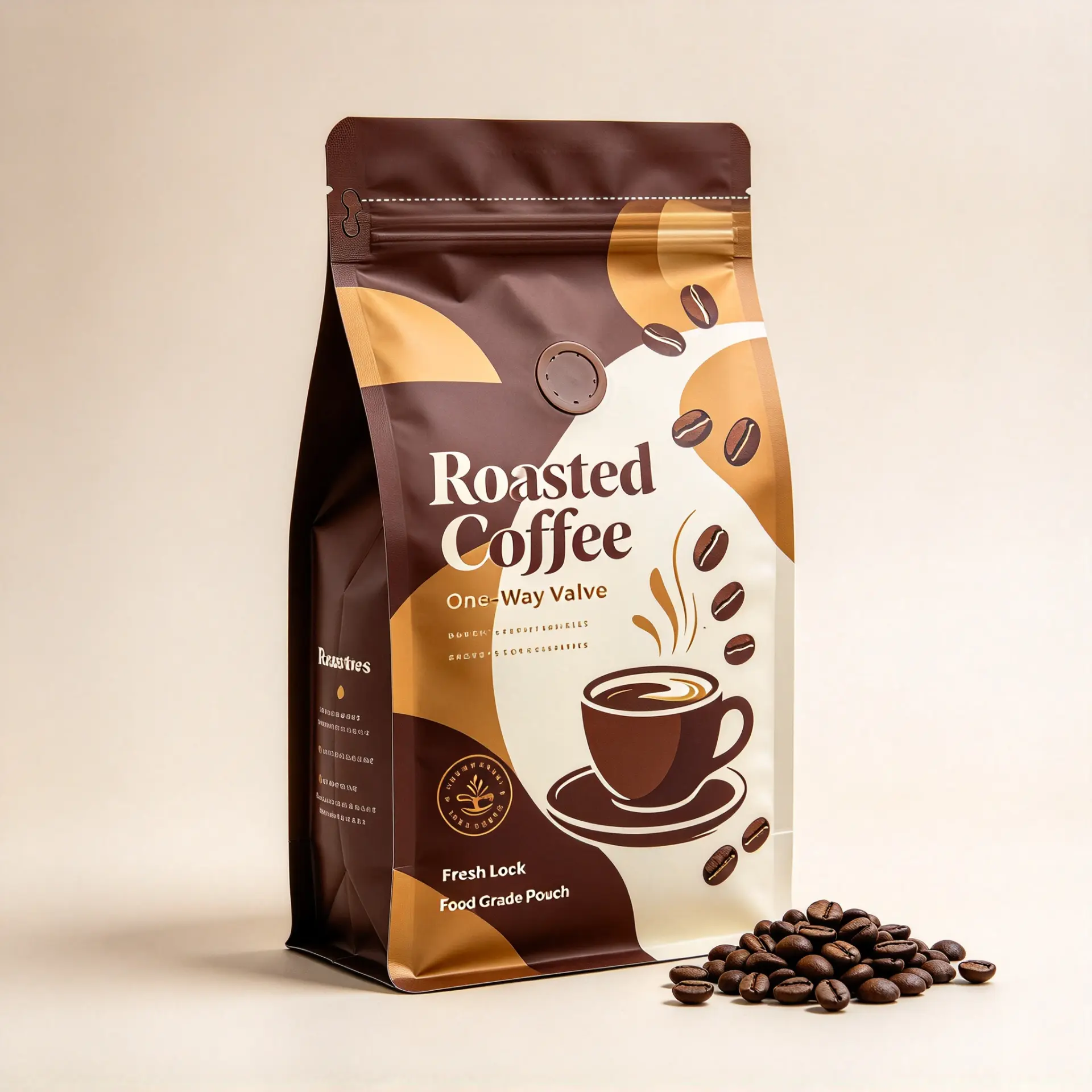 Illustrative concept — brown and cream printed flat-bottom coffee bag with valve and zipper. On-pack wording is artwork only, not a product or compliance claim. Not a customer project.