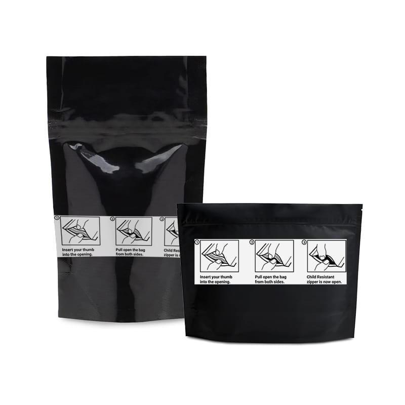 Child Resistant Stand Up Pouch Manufacturer | Safety Compliant Black Mylar Cali Bags 3.5g 28g | MOQ 5,000pcs