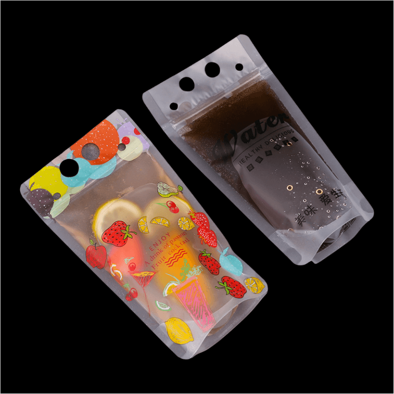 Custom PE Beverage Bag Manufacturer | Frosted Leak Proof Pouches for Juice Drinks With Handle | MOQ 5,000pcs