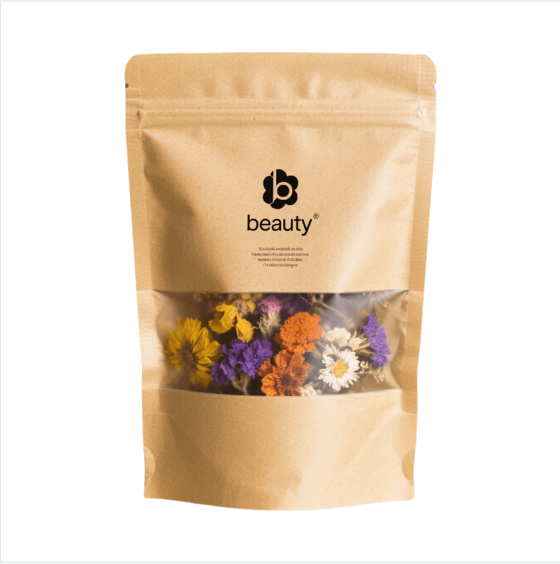 Custom Tea & Nuts Kraft Paper Manufacturer | Composite Ziplock Stand Up Pouch with Transparent Window | MOQ 5,000pcs