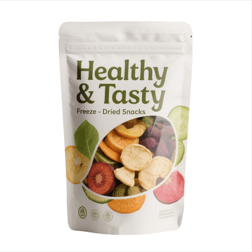 Custom Stand up Mylar Bag Manufacturer | Ziplock Pouch with Window for Freeze Dried Fruit Packaging | MOQ 5,000pcs